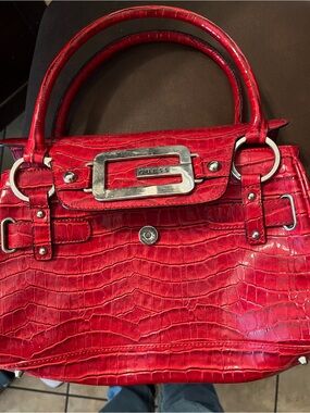 Guess Red Croc-Embossed Shoulder Bag with Gold Plate